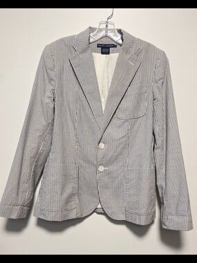 Ralph Lauren Blue and White Seersucker Two-Button Sport Coat